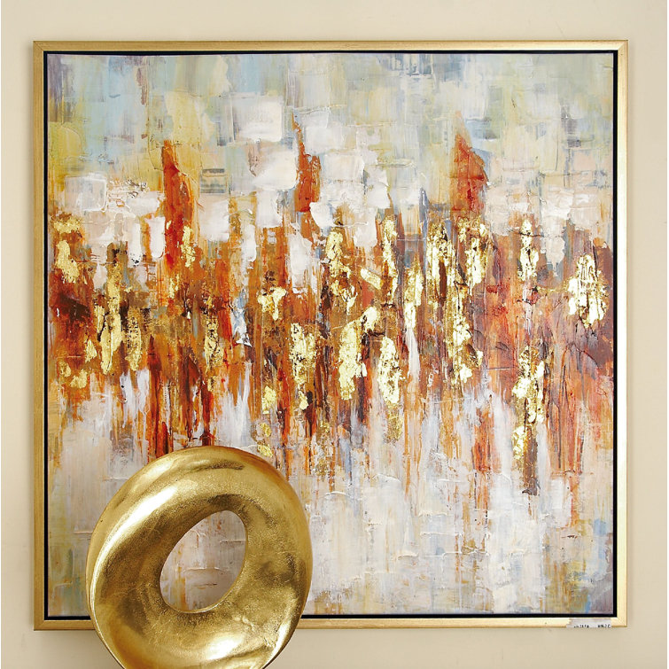 Orren Ellis Gold Canvas Abstract Framed Wall Art with Gold Frame